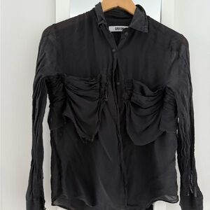 Grifoni Black Casual Button Down Shirt with Ruched Details